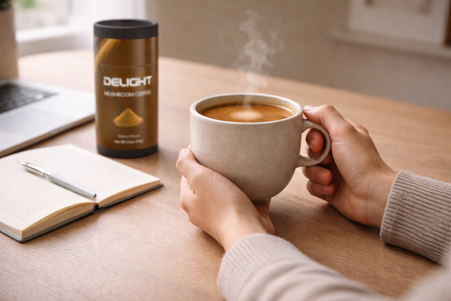 Taza de café funcional con melena de león y chaga junto a ventana con luz natural, transmitiendo calma y equilibrio