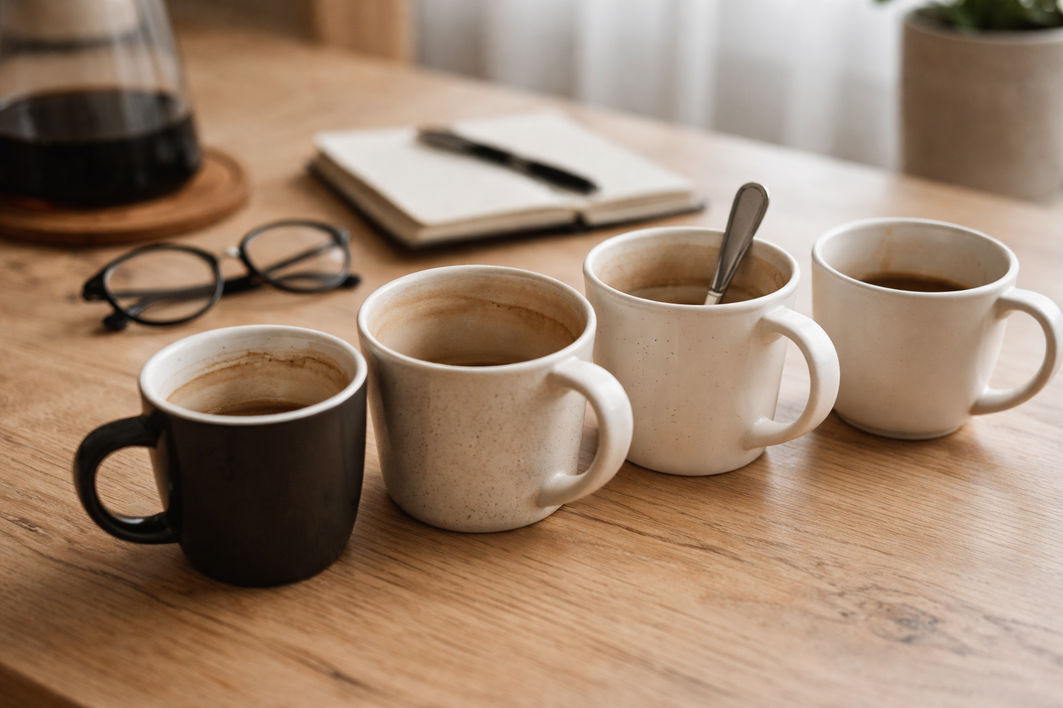 Mujer experimentando ansiedad y niebla mental en el escritorio con laptop y taza de café, mostrando los efectos negativos del exceso de cafeína