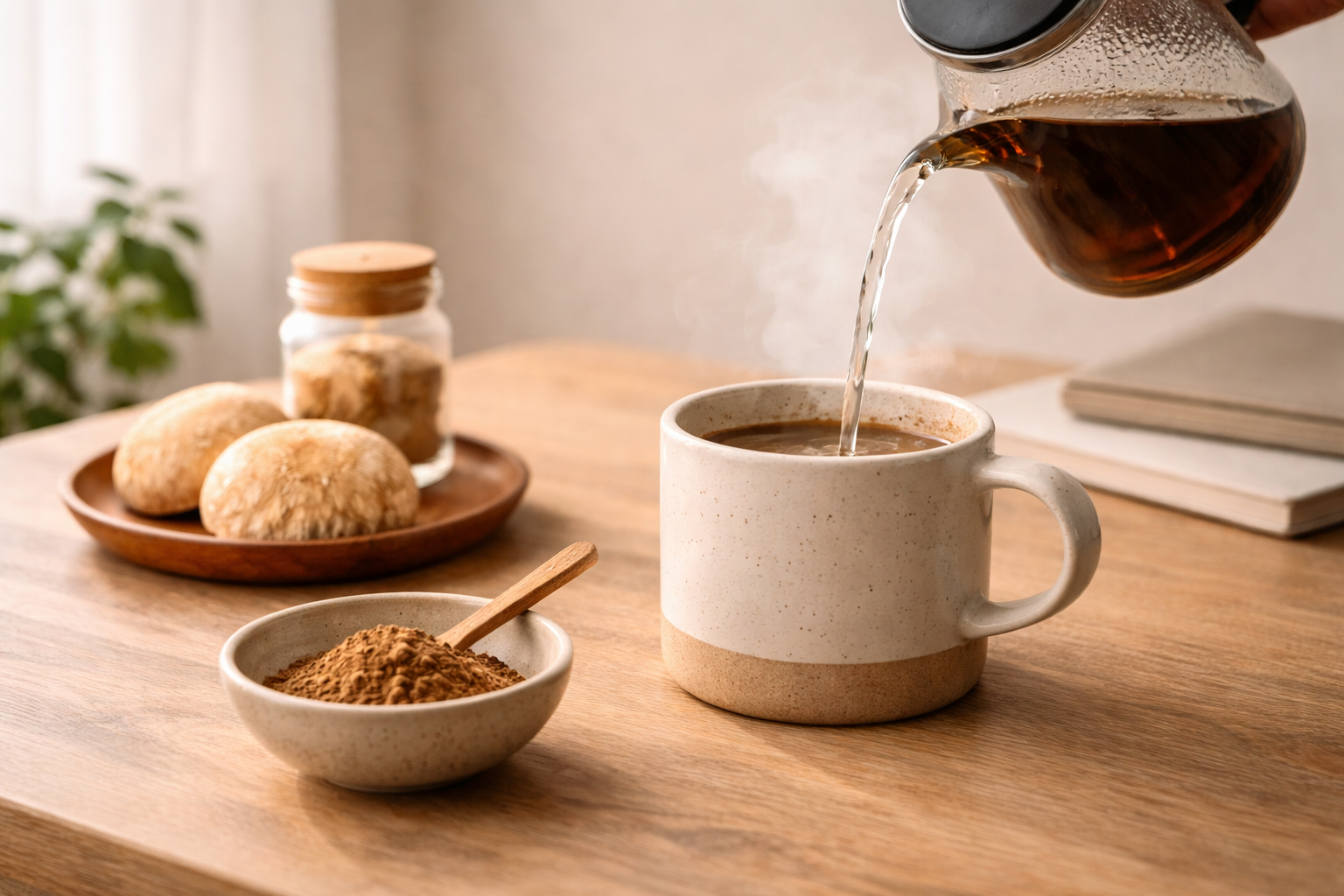 Taza de café con latte art junto a Delight Mushroom Coffee container, hongos funcionales frescos y galletas sobre mesa de madera