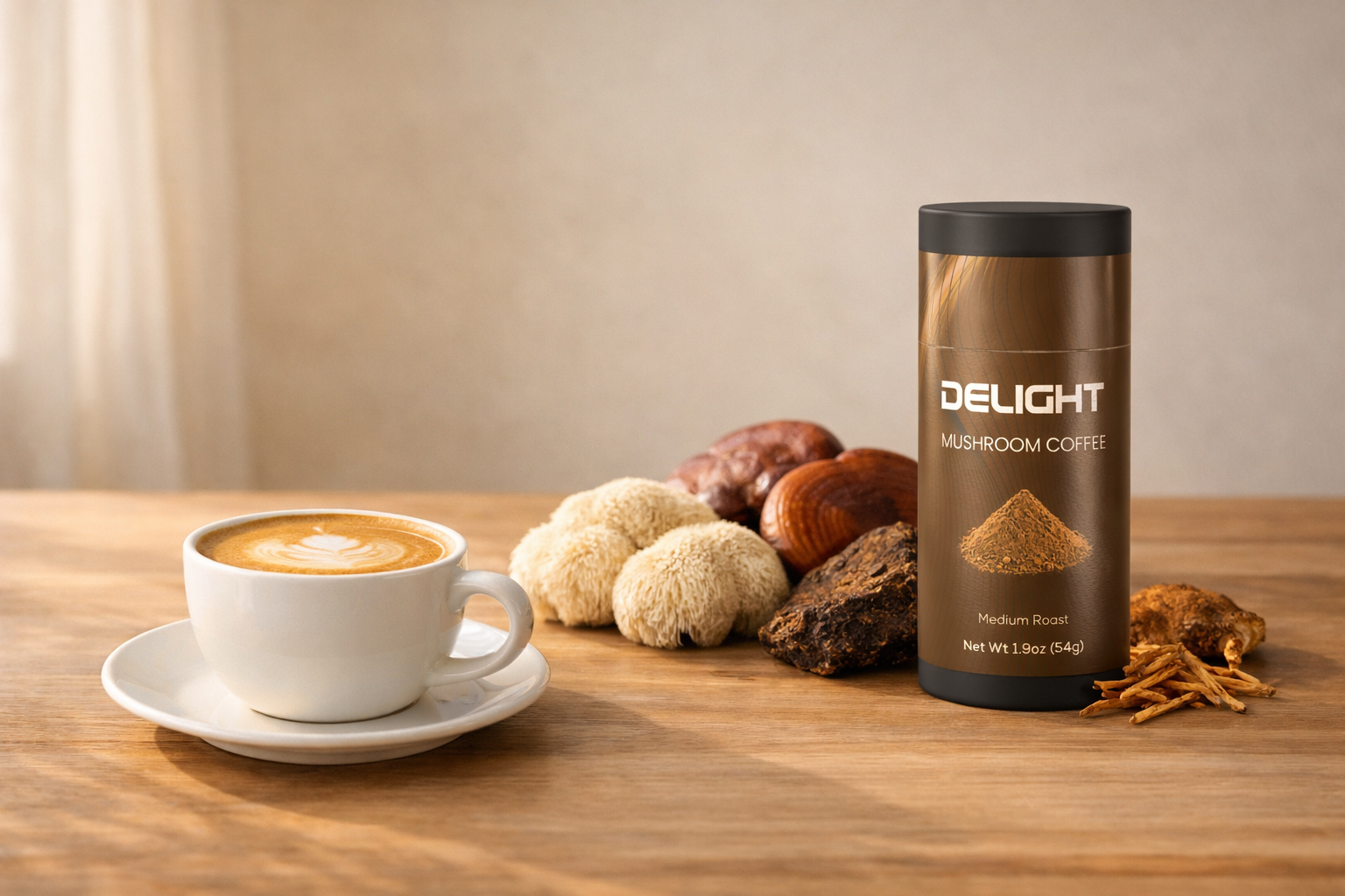 Verter café funcional caliente en taza de cerámica con cuenco de polvo de hongos, botellas de extracto y galletas sobre mesa de madera