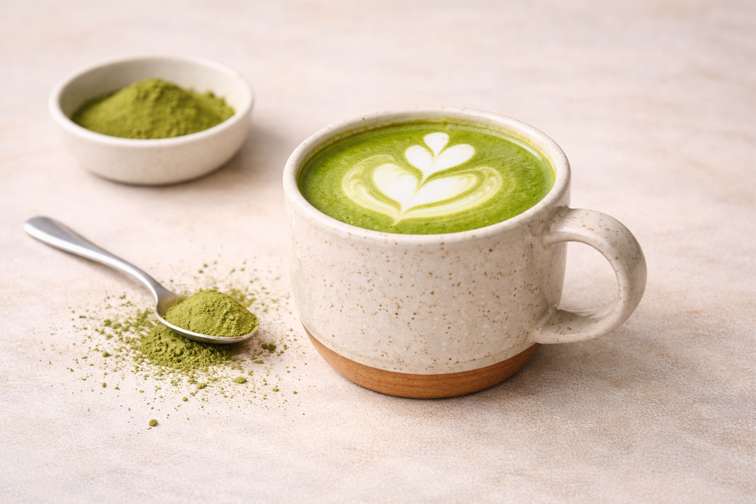 Vibrante latte de matcha con latte art en taza de cerámica con polvo de matcha y cuchara sobre mesa