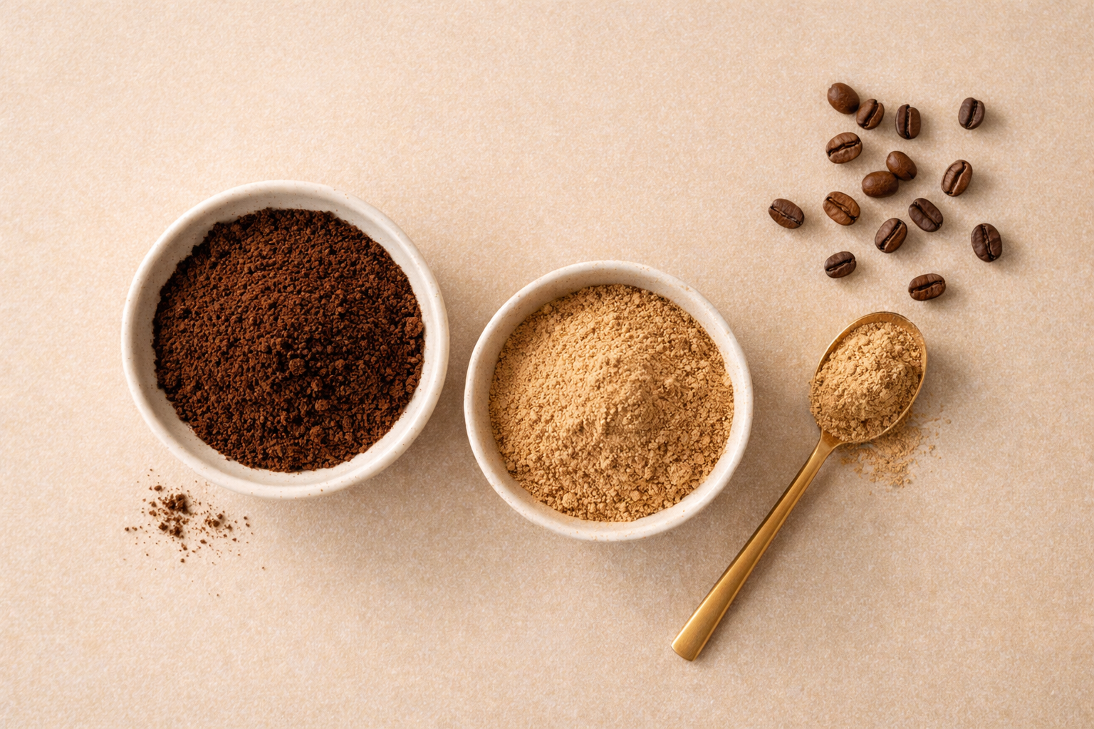 Polvo de café molido y extracto de hongos funcional en cuencos blancos con granos de café y una cuchara dorada