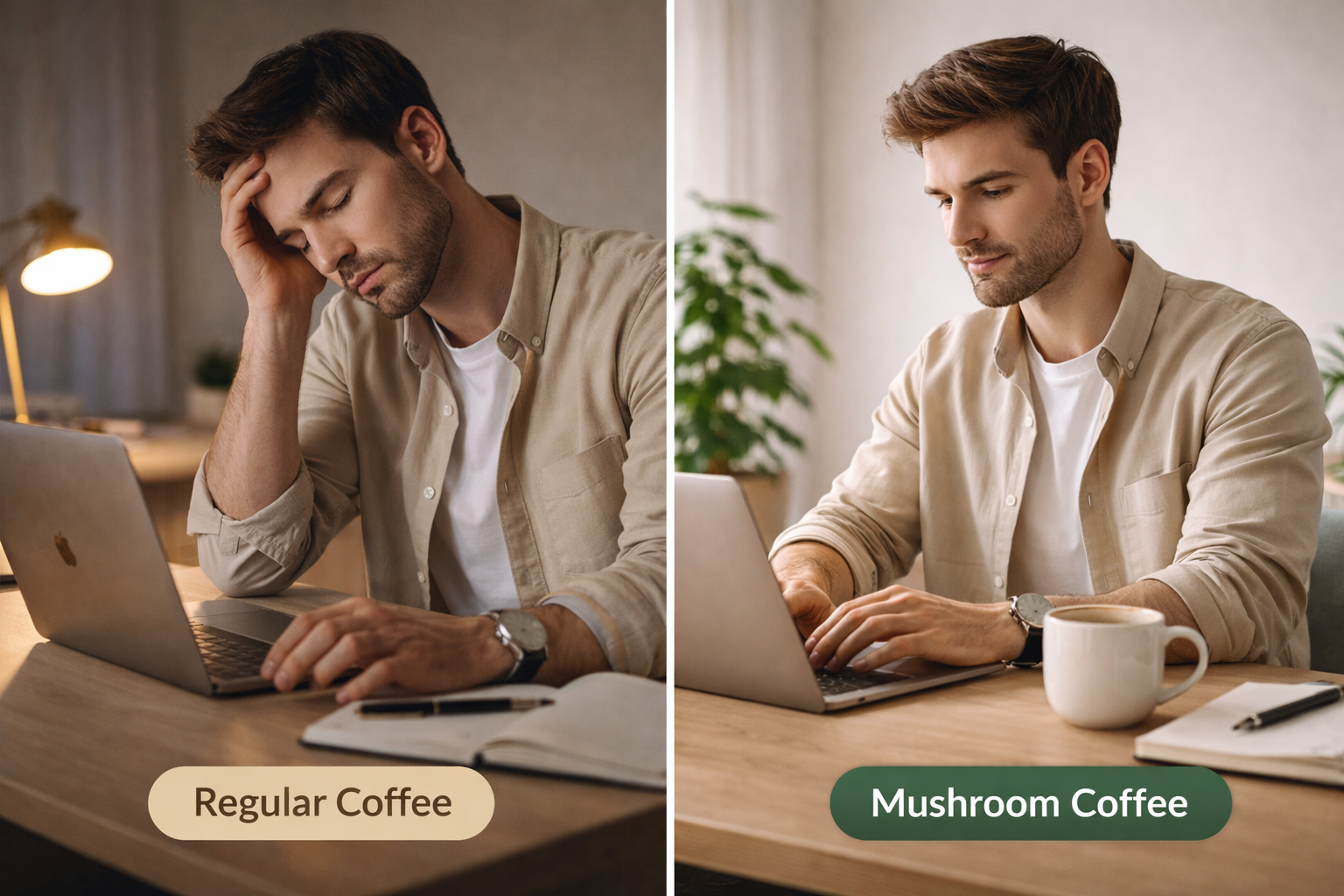 Comparación lado a lado: hombre con café regular mostrando estrés, hombre con café de hongos mostrando enfoque y claridad