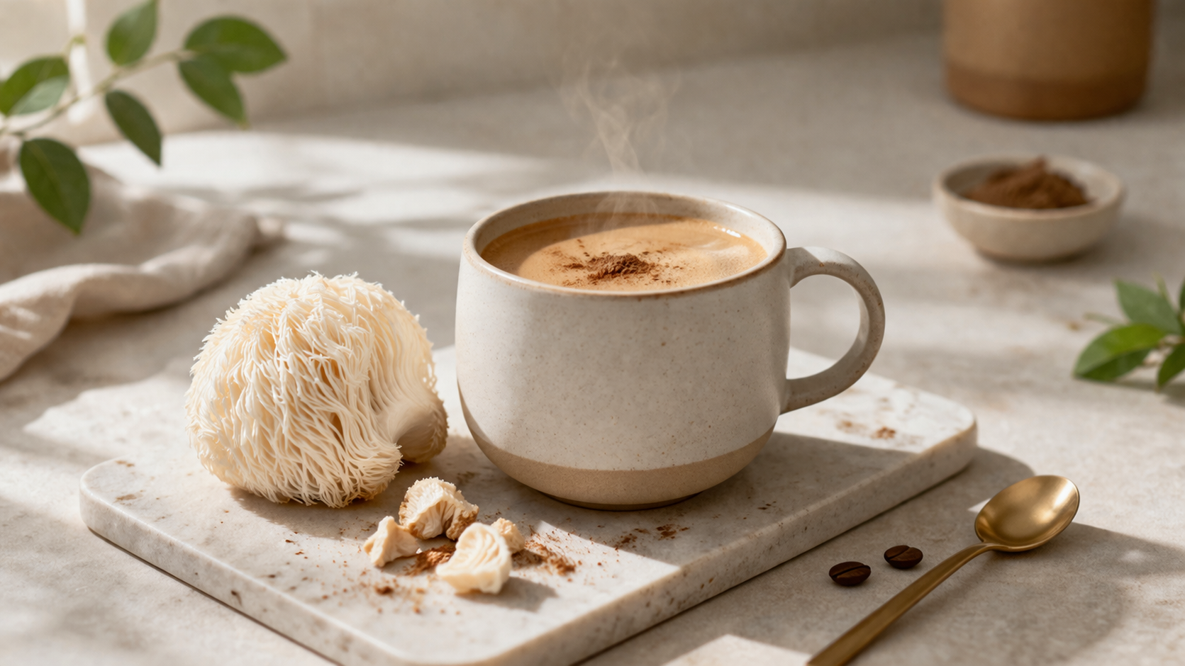 Taza de cerámica con café de hongos calmante, Lion's Mane fresco, y plantas verdes sobre superficie de mármol blanco